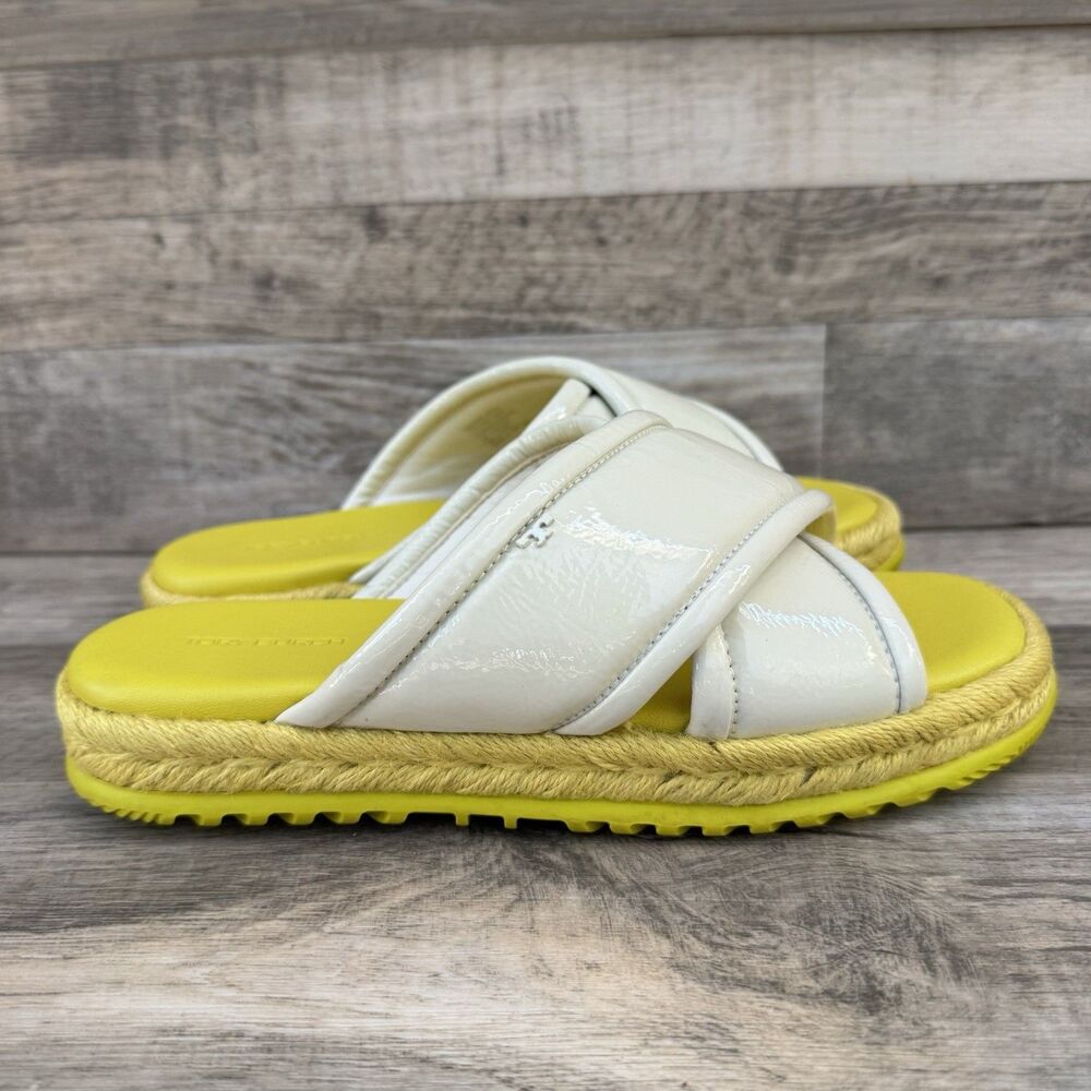 Tory Burch Crisscross Espadrille Slide Sandal White Patent Yellow Sz 7